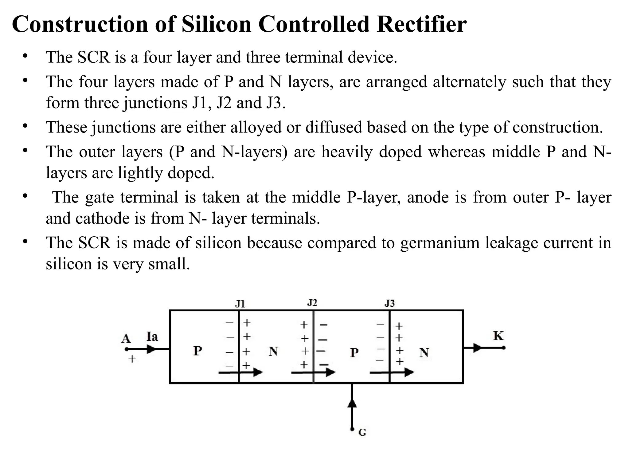 Construction of Silicon Controlled Rectifier
• The SCR is a four layer and three terminal device.
• The four layers made of P and N layers, are arranged alternately such that they
form three junctions J1, J2 and J3.
• These junctions are either alloyed or diffused based on the type of construction.
• The outer layers (P and N-layers) are heavily doped whereas middle P and N-
layers are lightly doped.
• The gate terminal is taken at the middle P-layer, anode is from outer P- layer
and cathode is from N- layer terminals.
• The SCR is made of silicon because compared to germanium leakage current in
silicon is very small.
 