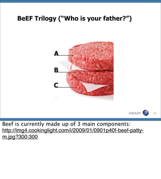 BeEF Trilogy (“Who is your father?”)




                                                    OWASP     23




Beef is currently made up of 3 main components:
http://img4.cookinglight.com/i/2009/01/0901p40f-beef-patty-
m.jpg?300:300
 