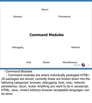 Recon


         Browser                          Persistence




                      Command Modules


        Debugging                                       Network




                    Host      Router          Miscellaneous
                                                         OWASP    29




! - Command Modules
! ! - Command modules are where individually packaged HTML/
JS packages are stored, currently these are broken down into the
following categories: browser, debugging, host, misc, network,
persistence, recon, router. Anything you want to do in Javascript,
HTML, Java, <insert arbitrary browser acceptable language> can
be done.
 