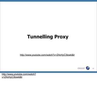 Tunnelling Proxy


               http://www.youtube.com/watch?v=Z4cHyC3lowk&lr




                                                               OWASP   34



http://www.youtube.com/watch?
v=Z4cHyC3lowk&lr
 
