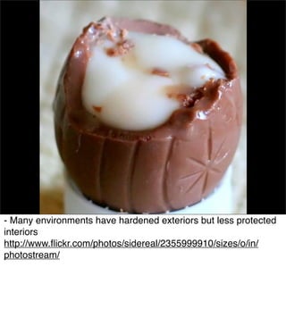 Egg shell



- Many environments have hardened exteriors but less protected
interiors
http://www.ﬂickr.com/photos/sidereal/2355999910/sizes/o/in/
photostream/
 