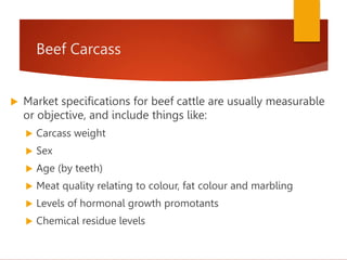 Beef Carcass
 Market specifications for beef cattle are usually measurable
or objective, and include things like:
 Carcass weight
 Sex
 Age (by teeth)
 Meat quality relating to colour, fat colour and marbling
 Levels of hormonal growth promotants
 Chemical residue levels
 