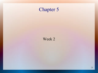 21
Chapter 5
Week 2
 