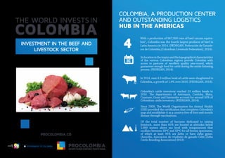 INVESTMENT IN THE BEEF AND
LIVESTOCK SECTOR
COLOMBIA, A PRODUCTION CENTER
AND OUTSTANDING LOGISTICS
HUB IN THE AMERICAS
Itslocationinthetropicsandthetopographicalcharacteristics
of the various Colombian regions provide Colombia with
access to pastures of excellent quality year-round, which
guarantees enough food for cattle during the entire fattening
process. (FEDEGAN, 2014).
Colombia’s cattle inventory reached 23 million heads in
Casanare, Cesar and Santander account for around 50% of
Colombian cattle inventory. (FEDEGAN, 2014).
(OIE) provided the certiﬁcation that completes Colombia’s
map and establishes it as a country free of foot-and-mouth
disease through vaccinations.
Of the total number of hectares dedicated to raising
livestock, more than 60% are located at altitudes below
1,000 meters above sea level with temperatures that
oscillate between 23ºC and 32ºC for all bovine specimens,
of which at least 95% are Zebu or have Zebu genes.
(Asocebu, Asociacion de criadores de ganado Cebú [Zebu
Cattle Breeding Association] 2012).
4
Li
b
e
r tad yO rden
With a production of 947,000 tons of beef carcass equiva-
lent¹, Colombia was the fourth largest producer of beef in
Latin America in 2014. (FEDEGAN, Federación de Ganade-
ros de Colombia,[Colombian Livestock Federation], 2014).
In 2014, over 4.3 million head of cattle were slaughtered in
Colombia, a growth of 1.9% over 2010. (FEDEGAN, 2014).
4
 