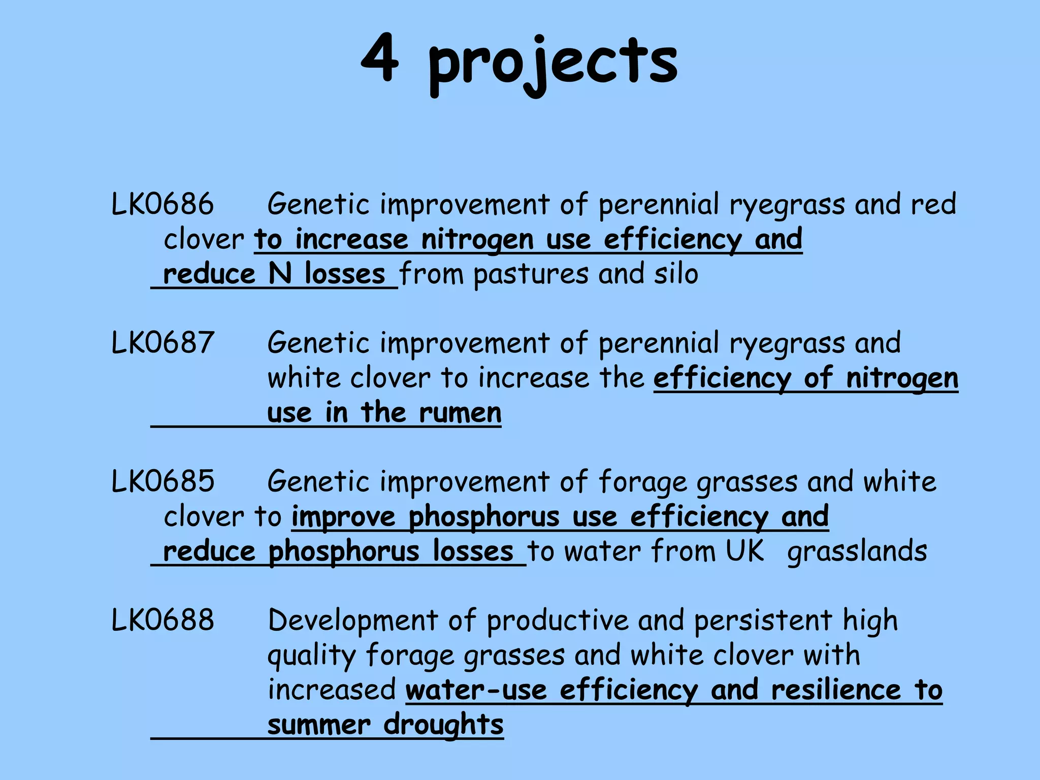 4 projects

LK0686     Genetic improvement of perennial ryegrass and red
   clover to increase nitrogen use efficiency and
   reduce N losses from pastures and silo

LK0687     Genetic improvement of perennial ryegrass and
           white clover to increase the efficiency of nitrogen
           use in the rumen

LK0685     Genetic improvement of forage grasses and white
   clover to improve phosphorus use efficiency and
   reduce phosphorus losses to water from UK grasslands

LK0688     Development of productive and persistent high
           quality forage grasses and white clover with
           increased water-use efficiency and resilience to
           summer droughts
 