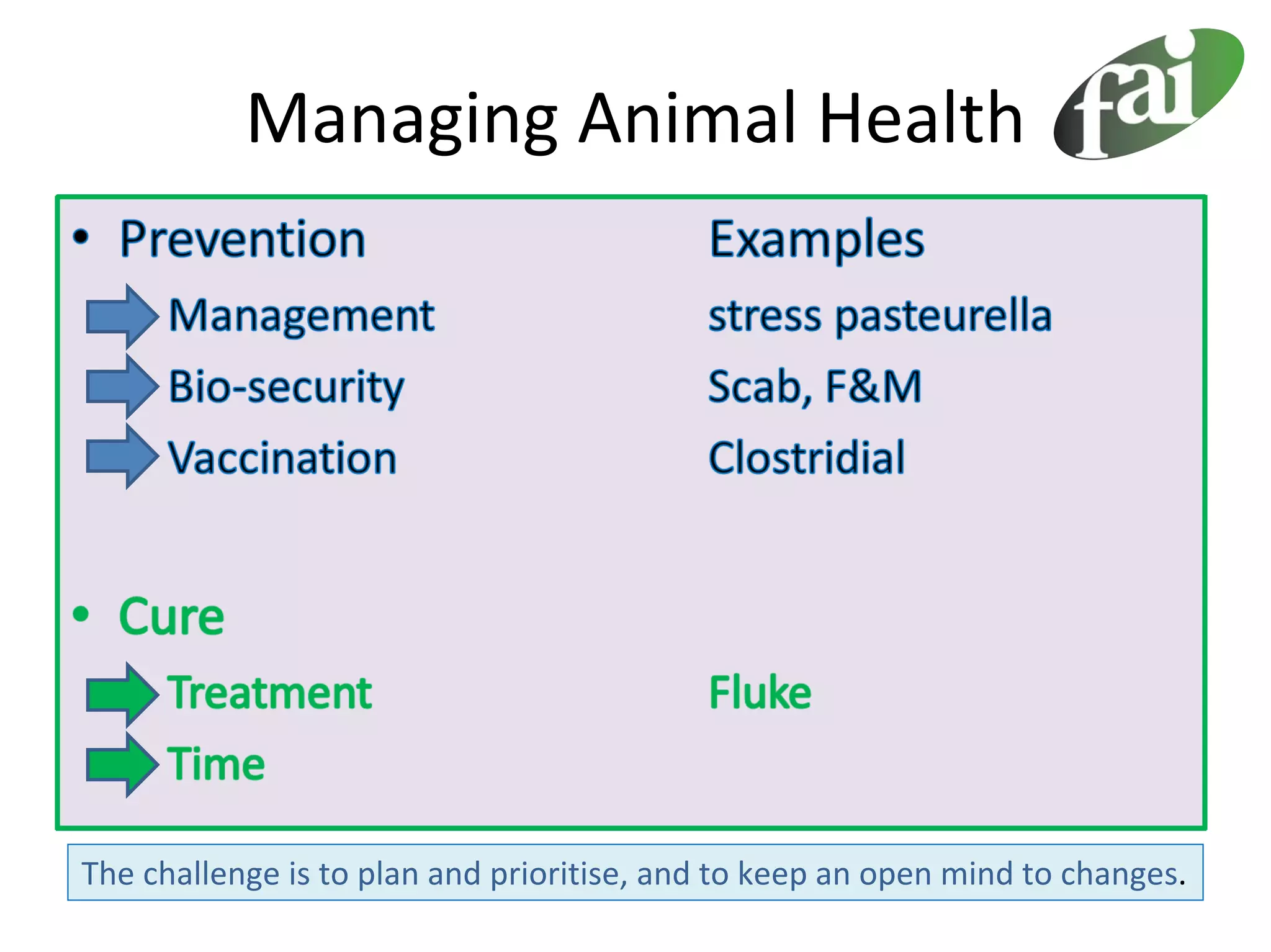 Managing Animal Health




The challenge is to plan and prioritise, and to keep an open mind to changes.
 