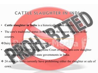 • Cattle slaughter in India is a historically taboo subject.
• The cow's traditional status in Hinduism, the largest religion in the
country.
Dairy products are extensively used.
• On October 26, 2005, the Supreme Court of India, anti-cow slaughter
laws enacted by different state governments in India.
 24 states in India currently have prohibiting either the slaughter or sale of
cows.
 