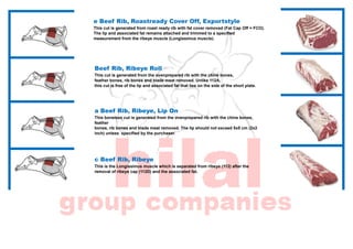 .
e Beef Rib, Roastready Cover Off, Exportstyle
This cut is generated from roast ready rib with fat cover removed (Fat Cap Off = FCO).
The lip and associated fat remains attached and trimmed to a specified
measurement from the ribeye muscle (Longissimus muscle).
Beef Rib, Ribeye Roll
This cut is generated from the ovenprepared rib with the chine bones,
feather bones, rib bones and blade meat removed. Unlike 112A,
this cut is free of the lip and associated fat that lies on the side of the short plate.
a Beef Rib, Ribeye, Lip On
This boneless cut is generated from the ovenprepared rib with the chine bones,
feather
bones, rib bones and blade meat removed. The lip should not exceed 5x5 cm (2x2
inch) unless specified by the purchaser.
c Beef Rib, Ribeye
This is the Longissimus muscle which is separated from ribeye (112) after the
removal of ribeye cap (112D) and the associated fat.
 