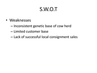 S.W.O.T
• Weaknesses
– Inconsistent genetic base of cow herd
– Limited customer base
– Lack of successful local consignment sales
 