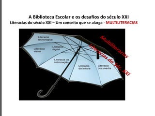 A Biblioteca Escolar e os desafios do século XXI
Literacias do século XXI – Um conceito que se alarga - MULTILITERACIAS
 