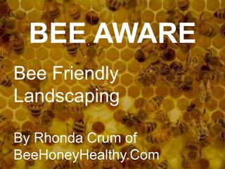 BEE AWARE
Bee Friendly
Landscaping
By Rhonda Crum of
BeeHoneyHealthy.Com
 