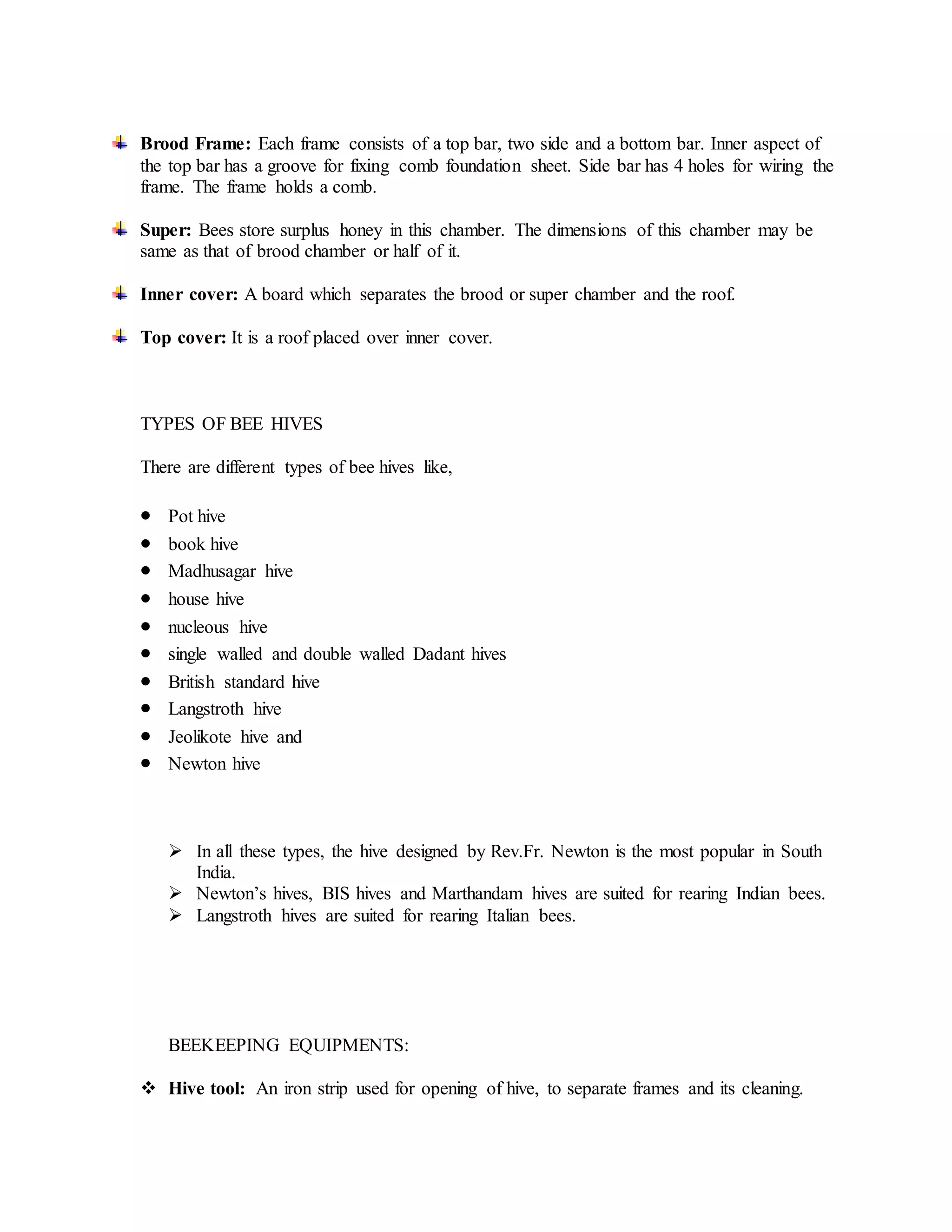 Apiculture- Bee hives, equipments and safeguards. | DOCX