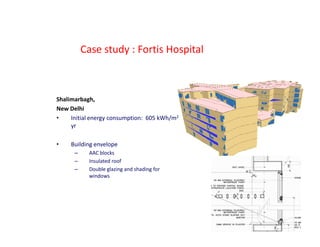 Case study : Fortis Hospital



Shalimarbagh,
New Delhi
•    Initial energy consumption: 605 kWh/m2
     yr

•    Building envelope
      –    AAC blocks
      –    Insulated roof
      –    Double glazing and shading for
           windows
 