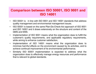 Comparison between ISO 50001, ISO 9001 and
                   ISO 14001
•    ISO 50001 is in line with ISO 9001 and ISO 14001 standards that address
     quality management and environmental management issues.
•    ISO 50001 is based on the same Plan-Do-Check-Act approach of ISO 9001
     and ISO 14001 and it draws extensively on the structure and content of the
     QMS and EMS.
•    Implementation of ISO 9001 means what the organization does to fulfill the
     customer's quality requirements, and applicable regulatory requirements,
     while aiming to enhance customer satisfaction,
•    Implementation of ISO 14001 means what the organization does to
     minimize harmful effects on the environment caused by its activities, and to
     achieve continual improvement of its environmental performance.
•    Similarly ISO 50001 implementation is expected to address what the
     organization does to effectively manage energy resources and performance
     that is relevant to global standards.
 