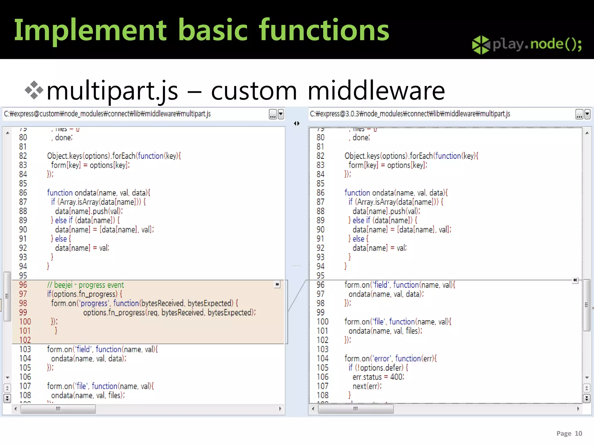 Implement basic functions

multipart.js – custom middleware




                                    Page 10
 