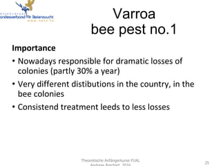 Varroa
bee pest no.1
Importance
• Nowadays responsible for dramatic losses of
colonies (partly 30% a year)
• Very differen...
