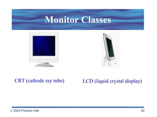 Monitor Classes CRT (cathode ray tube) LCD (liquid crystal display) 
