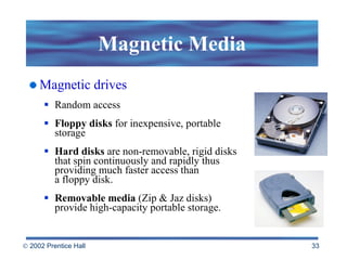 Magnetic Media Magnetic drives Random access Floppy disks  for inexpensive, portable storage Hard disks  are non-removable, rigid disks that spin continuously and rapidly thus providing much faster access than  a floppy disk. Removable media  (Zip & Jaz disks) provide high-capacity portable storage. 