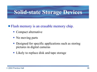 Solid-state Storage Devices Compact alternative No moving parts Designed for specific applications such as storing pictures in digital cameras Likely to replace disk and tape storage Flash memory is an erasable memory chip. 