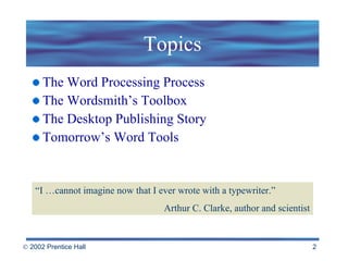 Topics The Word Processing Process The Wordsmith’s Toolbox The Desktop Publishing Story Tomorrow’s Word Tools “ I …cannot imagine now that I ever wrote with a typewriter.” Arthur C. Clarke, author and scientist 