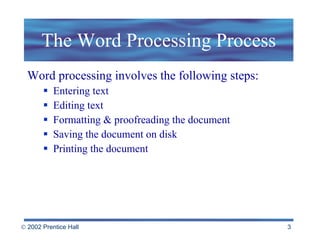 The Word Processing Process Word processing involves the following steps: Entering text Editing text Formatting & proofreading the document Saving the document on disk Printing the document 