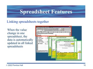 Spreadsheet Features Linking spreadsheets together When the value change in one spreadsheet, the  data is automatically updated in all linked spreadsheets 