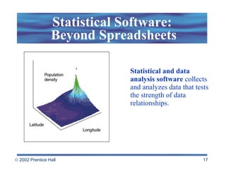 Statistical Software:  Beyond Spreadsheets Statistical and data analysis software  collects and analyzes data that tests the strength of data relationships. 