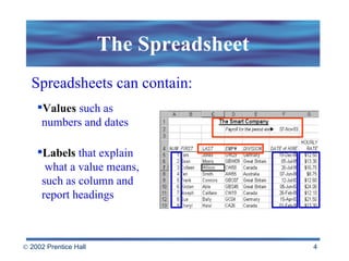 The Spreadsheet Spreadsheets can contain: Values  such as  numbers and dates Labels  that explain    what a value means,  such as column and  report headings 