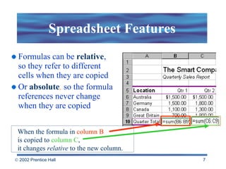 Spreadsheet Features Formulas can be  relative , so they refer to different cells when they are copied Or  absolute ,  so the formula references never change when they are copied When the formula in  column B   is copied to  column C ,  it changes  relative  to the new column. 