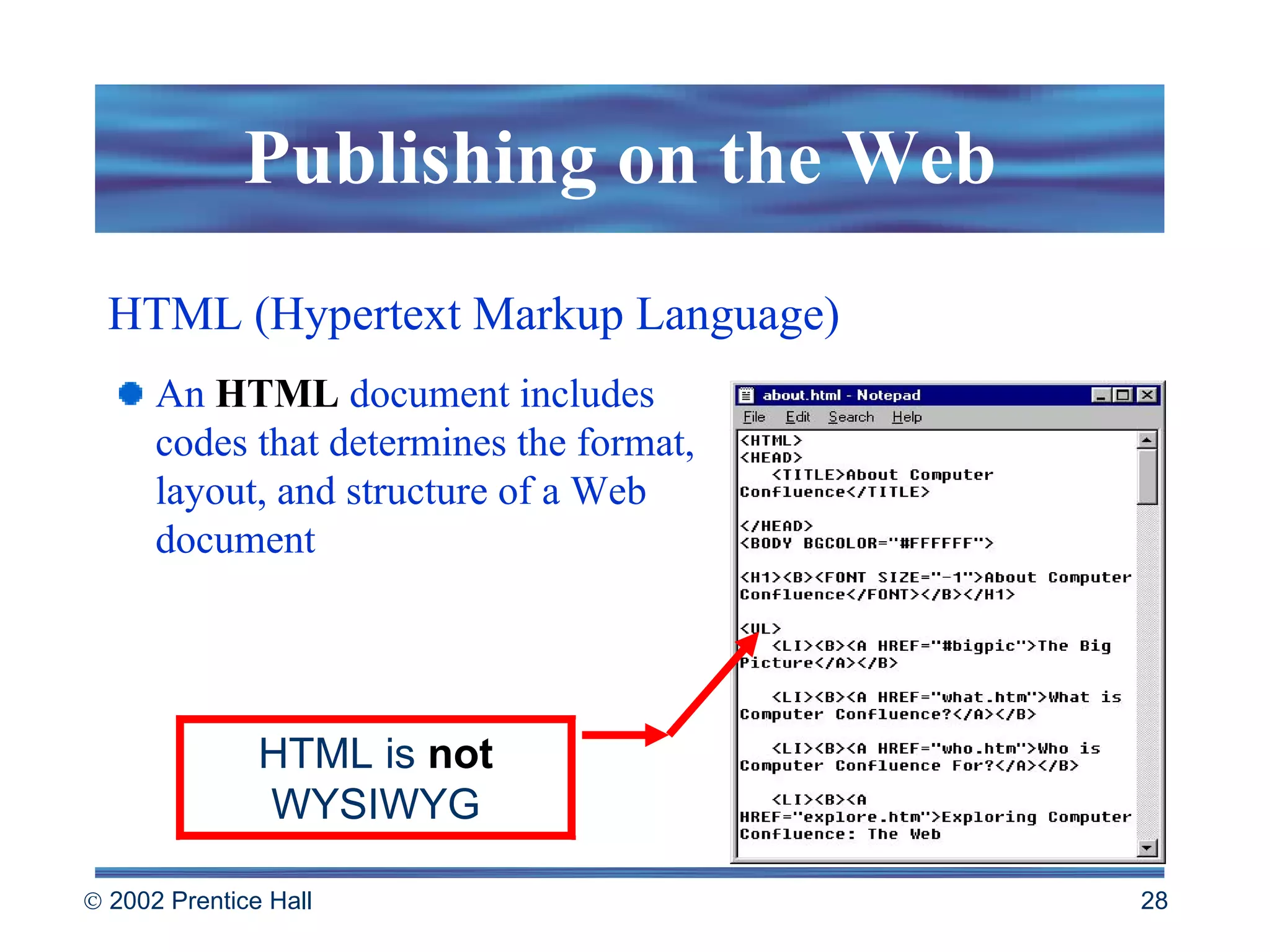 Publishing on the Web  An  HTML  document includes codes that determines the format, layout, and structure of a Web document HTML (Hypertext Markup Language) HTML is  not  WYSIWYG 