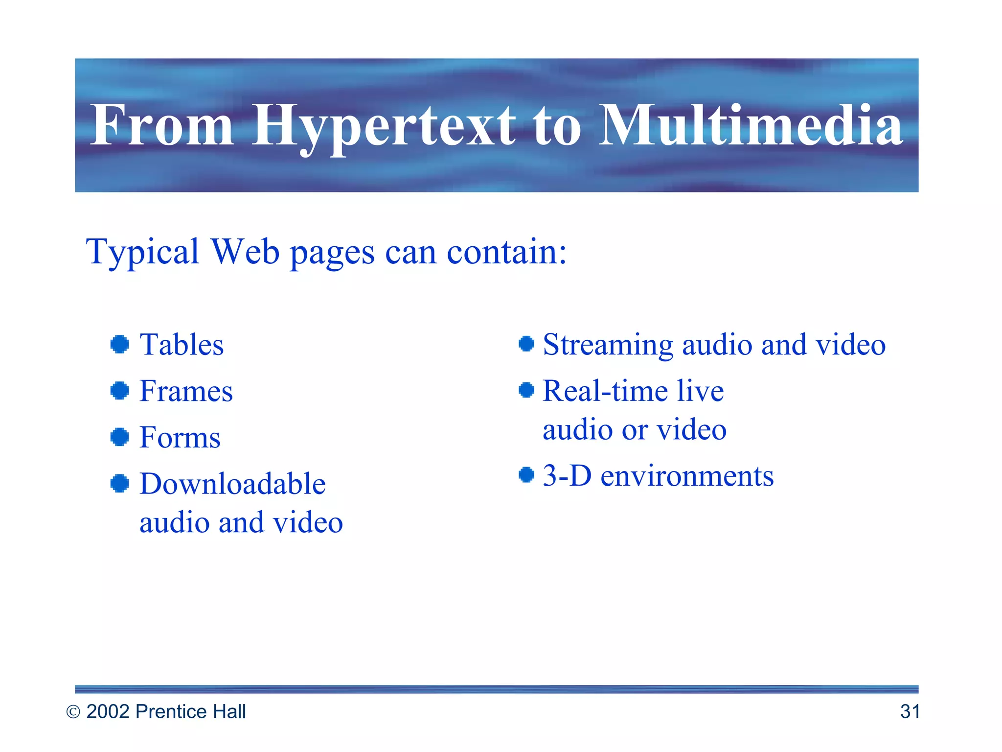 From Hypertext to Multimedia Tables Frames Forms Downloadable  audio and video Streaming audio and video Real-time live  audio or video 3-D environments Typical Web pages can contain: 