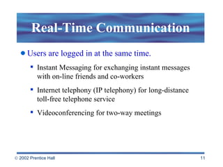 Real-Time Communication Users are logged in at the same time. Instant Messaging for exchanging instant messages with on-line friends and co-workers  Internet telephony (IP telephony) for long-distance toll-free telephone service Videoconferencing for two-way meetings 