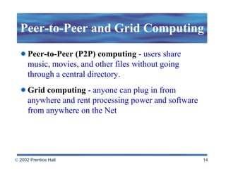 Peer-to-Peer and Grid Computing Peer-to-Peer (P2P) computing  - users share music, movies, and other files without going through a central directory.  Grid computing   - anyone can plug in from anywhere and rent processing power and software from anywhere on the Net  