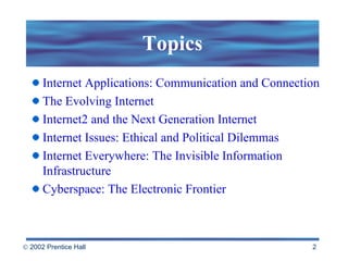 Topics Internet Applications: Communication and Connection The Evolving Internet Internet2 and the Next Generation Internet Internet Issues: Ethical and Political Dilemmas Internet Everywhere: The Invisible Information Infrastructure Cyberspace: The Electronic Frontier 