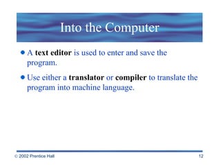 Into the Computer A  text editor  is used to enter and save the program. Use either a  translator  or  compiler  to translate the program into machine language.  