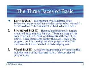 The Three Faces of Basic Early BASIC  -  The program with numbered lines. Statements are executed in numerical order unless control is transferred to another statement with a GoTo statement. 2. Structured BASIC  -  The modular program with many structured programming features.  The main program has been reduced to a handful of statements at the top of the listing.  These statements display the overall logic of the program.  As it is running, the main program uses Call statements to transfer control to each subprogram. 3. Visual BASIC -  A modern programming environment that includes many of the ideas and tools of object-oriented programming. 