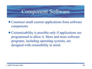 Component Software Construct small custom applications from software components  Customizability is possible only if applications are programmed to allow it. More and more software programs, including operating systems, are designed with extensibility in mind.  