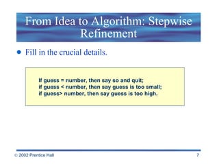From Idea to Algorithm: Stepwise Refinement Fill in the crucial details. If guess = number, then say so and quit; if guess < number, then say guess is too small; if guess> number, then say guess is too high. 