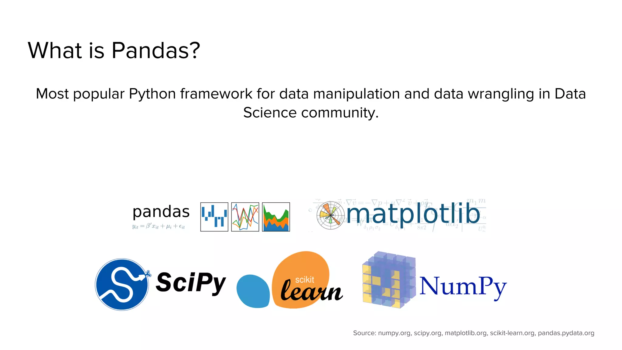 What is Pandas? Most popular Python framework for data manipulation and data wrangling in Data Science community. Source: numpy.org, scipy.org, matplotlib.org, scikit-learn.org, pandas.pydata.org 