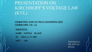 PRESENTATION ON
KIRCHHOFF’S VOLTAGE LAW
(KVL)
COURSETITLE : BASICELCTRICALENGINEERING(BEE)
COURSECODE : CSE- 106
SUBMITTEDBY :
NAME : NAFISA ELLAHI
ID : 2016-2-17-006
DEPT : CSE
Submitted to:
DR.AIN-UL-
HUDA
 