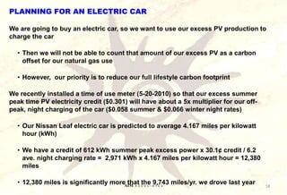 PLANNING FOR AN ELECTRIC CAR
We are going to buy an electric car, so we want to use our excess PV production to
charge the car
• Then we will not be able to count that amount of our excess PV as a carbon
offset for our natural gas use
• However, our priority is to reduce our full lifestyle carbon footprint
We recently installed a time of use meter (5-20-2010) so that our excess summer
peak time PV electricity credit ($0.301) will have about a 5x multiplier for our off-
peak, night charging of the car ($0.058 summer & $0.066 winter night rates)
• Our Nissan Leaf electric car is predicted to average 4.167 miles per kilowatt
hour (kWh)
• We have a credit of 612 kWh summer peak excess power x 30.1¢ credit / 6.2
ave. night charging rate = 2,971 kWh x 4.167 miles per kilowatt hour = 12,380
miles
• 12,380 miles is significantly more that the 9,743 miles/yr. we drove last year 58
AIM A S S O C I A T E S
 