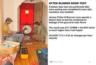 61
AIM A S S O C I A T E S
A blower door test was performed after
more sealing was completed & more attic
insulation was installed
Jeremy Fisher & Brennan Less operate a
blower door to test the combined air
leakage of the ground & main floors
The result was 2171 CFM50 = 5.6 ACH which
is much higher than I had hoped
(5.6 ACH /17.2 = 0.33 air changes per hour
natural)
AFTER BLOWER DOOR TEST
 