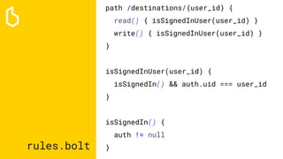rules.bolt
path /destinations/{user_id} {
read() { isSignedInUser(user_id) }
write() { isSignedInUser(user_id) }
}
isSignedInUser(user_id) {
isSignedIn() && auth.uid === user_id
}
isSignedIn() {
auth != null
}
 