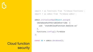 Cloud function
security
import * as functions from 'firebase-functions';
import * as admin from 'firebase-admin';
admin.initializeApp(Object.assign(
{databaseAuthVariableOverride: {
uid: "stats@cloudfunction.beeline.co"
},
functions.config().firebase
);
const db = admin.database();
 