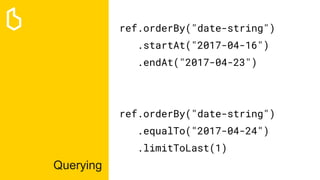Querying
ref.orderBy("date-string")
.startAt("2017-04-16")
.endAt("2017-04-23")
ref.orderBy("date-string")
.equalTo("2017-04-24")
.limitToLast(1)
 