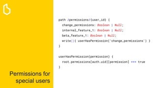 Permissions for
special users
path /permissions/{user_id} {
change_permissions: Boolean | Null;
internal_feature_1: Boolea...