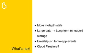 What’s next
● More in-depth stats
● Large data → Long term (cheaper)
storage
● Emails/push for in-app events
● Cloud Fires...