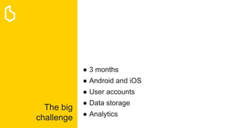 The big
challenge
● 3 months
● Android and iOS
● User accounts
● Data storage
● Analytics
 