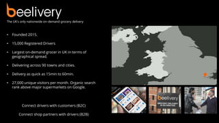The UK’s only nationwide on-demand grocery delivery
Connect drivers with customers (B2C)
Connect shop partners with drivers (B2B)
• Founded 2015.
• 15,000 Registered Drivers
• Largest on-demand grocer in UK in terms of
geographical spread.
• Delivering across 90 towns and cities.
• Delivery as quick as 15min to 60min.
• 27,000 unique visitors per month. Organic search
rank above major supermarkets on Google.
 