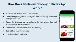 How Does Beelivery Grocery Delivery App
Work?
● Enter the app and provide location details
● Get a list of grocery stores nearby and from the list tap on the one
suiting your needs
● Tap on the items you want and place order stating time, date and
address where you want delivery
● Get delivery confirmed and track the delivery
● Get notified on arrival of order
● Provide feedback and rating
 
